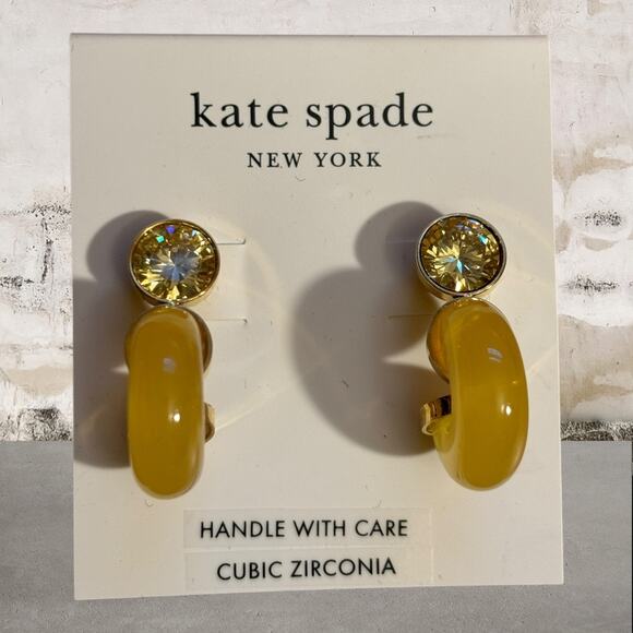 kate spade Jewelry - Kate Spade NWT Seeing Stripes Yellow Resin Crystal Stud Hoop Earrings